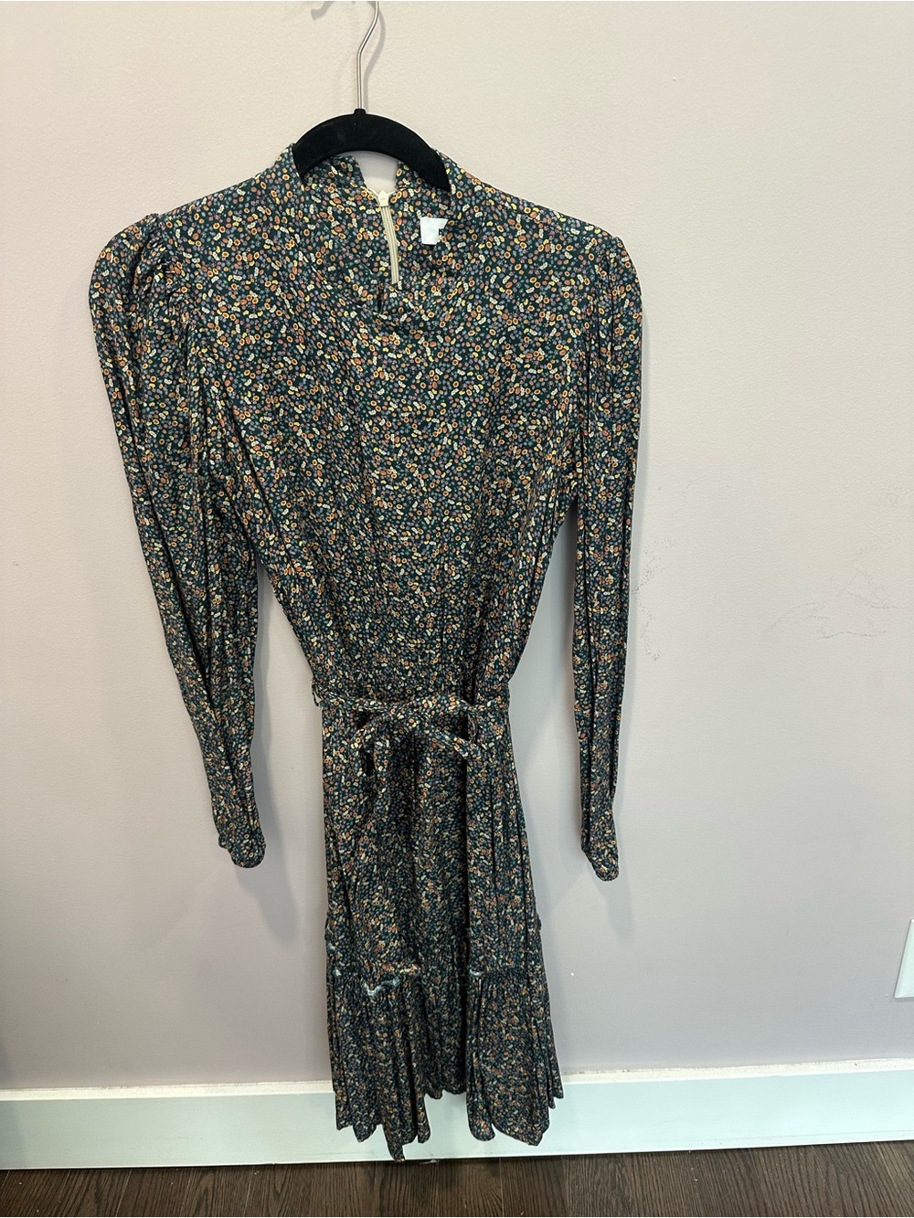 Bella D. Black Floral Long-Sleeve Midi Dress with Tie Waist